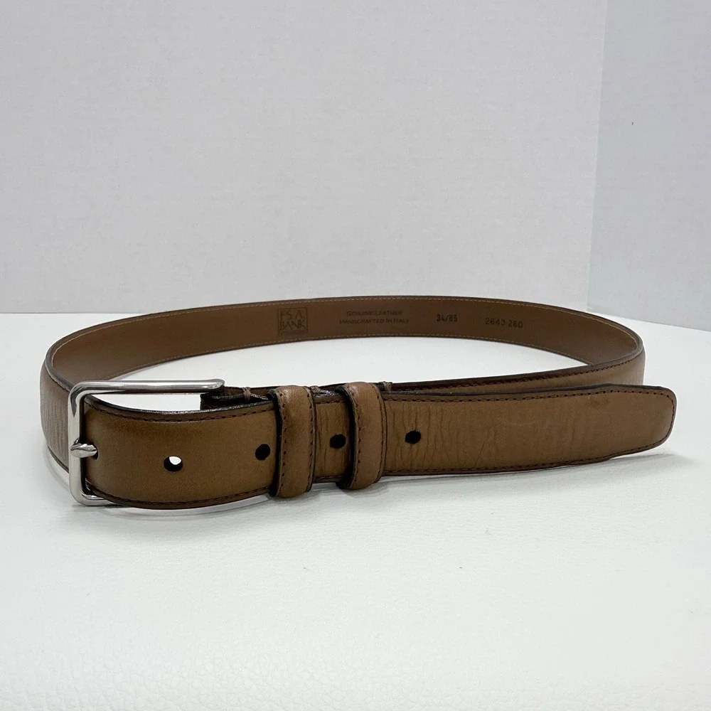 Jos A Bank Brown Genuine Italian‎ Leather Belt Silver Tone Buckle Men 34/85